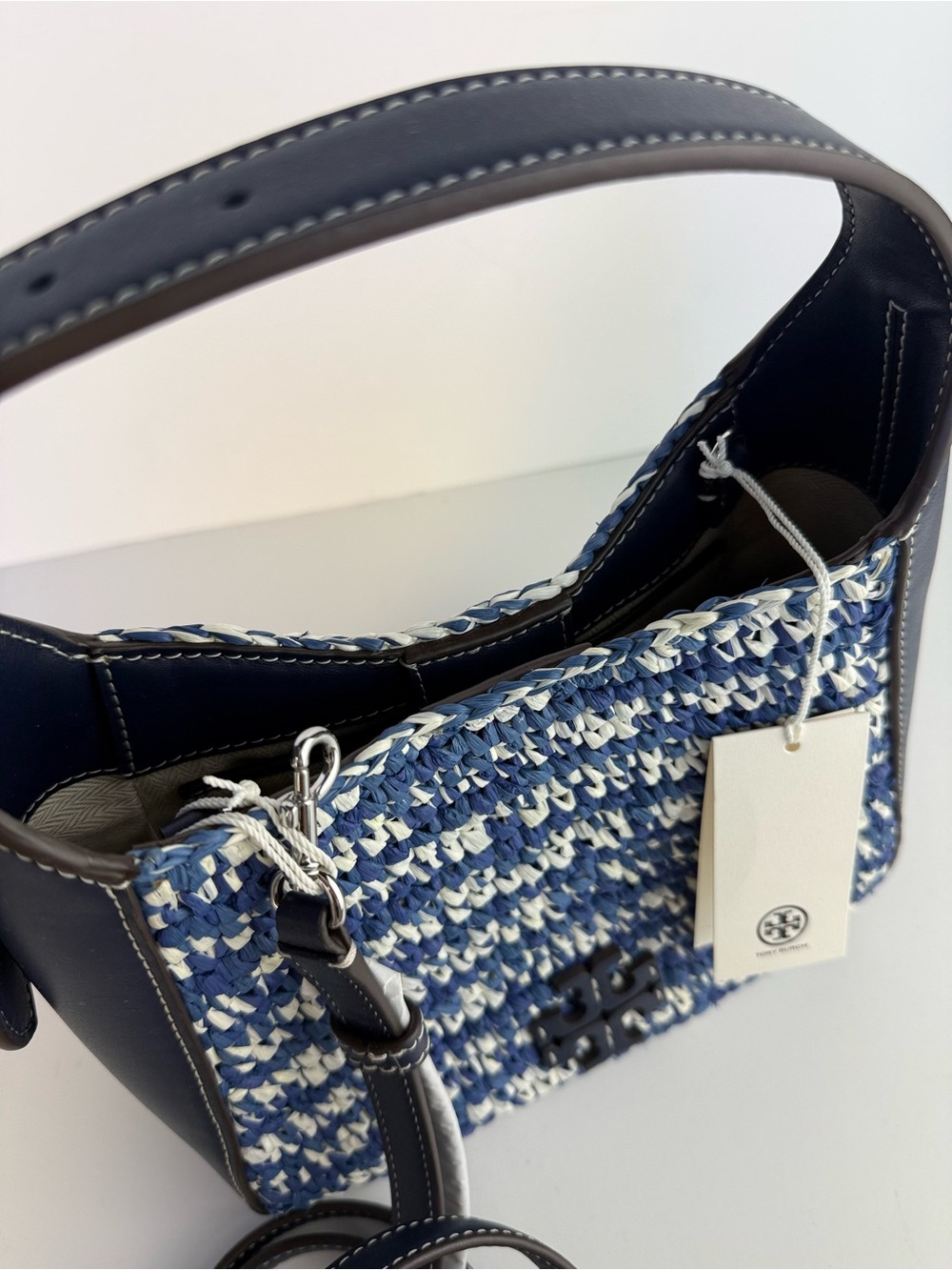 Tory Burch Thea Straw Small Bucket Bag Blue Melange Woven Raffia $458 - Picture 11 of 16